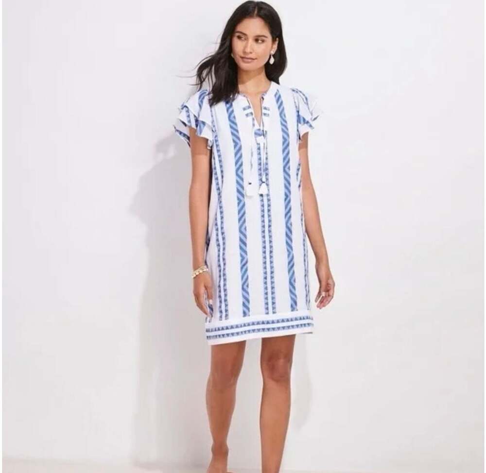 NEW! Vineyard Vines Harbor Vineyard Performance Tunic Dress White Neon Blue XS